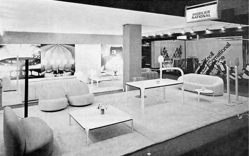 Mobilier National booth at a furniture&nbsp;fair in Paris, 1972, presenting Pierre Paulin&rsquo;s designs commissioned for the Palais de l&rsquo;&Eacute;lys&eacute;e and Andr&eacute; Monpoix&rsquo;s designs for the Ministry of Health of&nbsp;the same year.