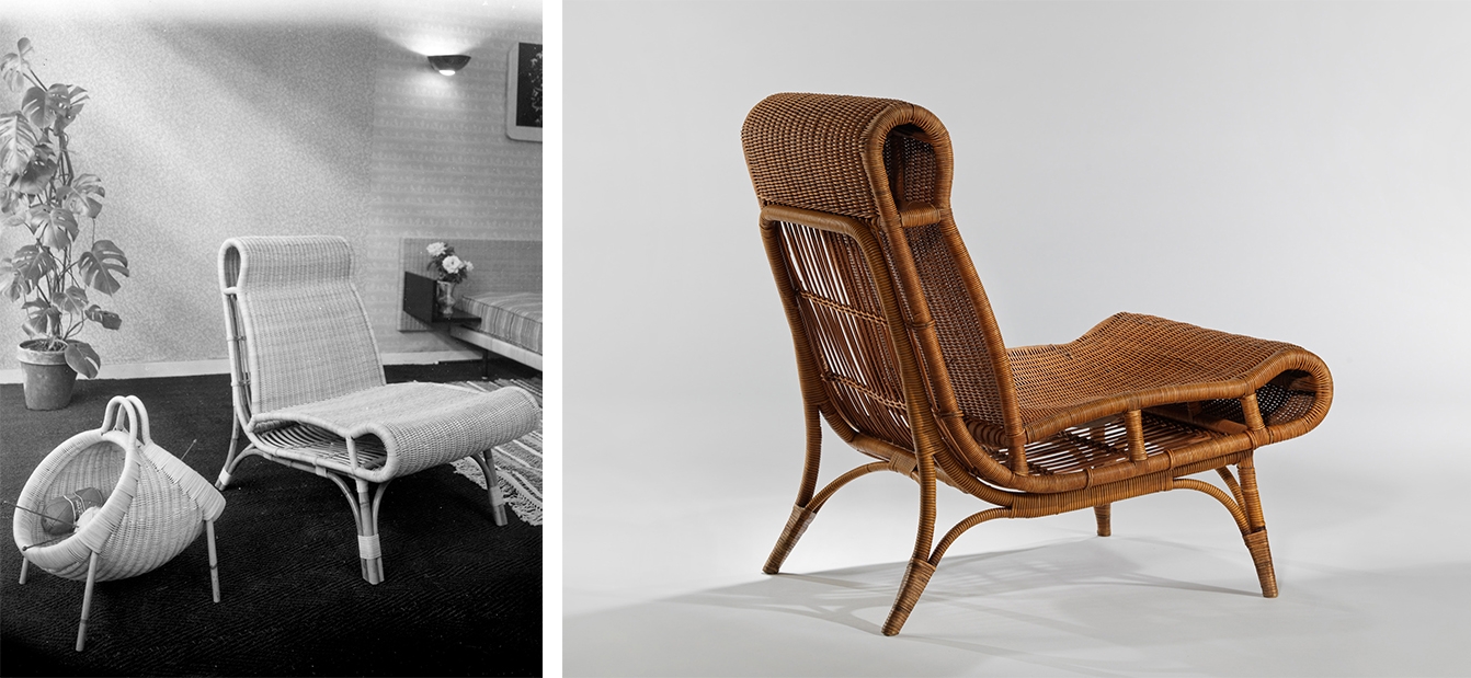 Left: Rattan chair designed by Janine Abraham in 1952. Right:&nbsp;Janine Abraham,&nbsp;Bourboule Chair, 1954.