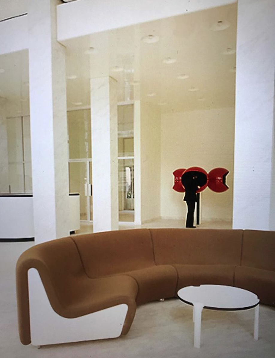 Another view of the lobby with the modular sectional sofas&nbsp;edited by Mangau and coffee tables by TFM.
INQUIRE Andr&eacute; Monpoix Sectional Sofa, c.1973